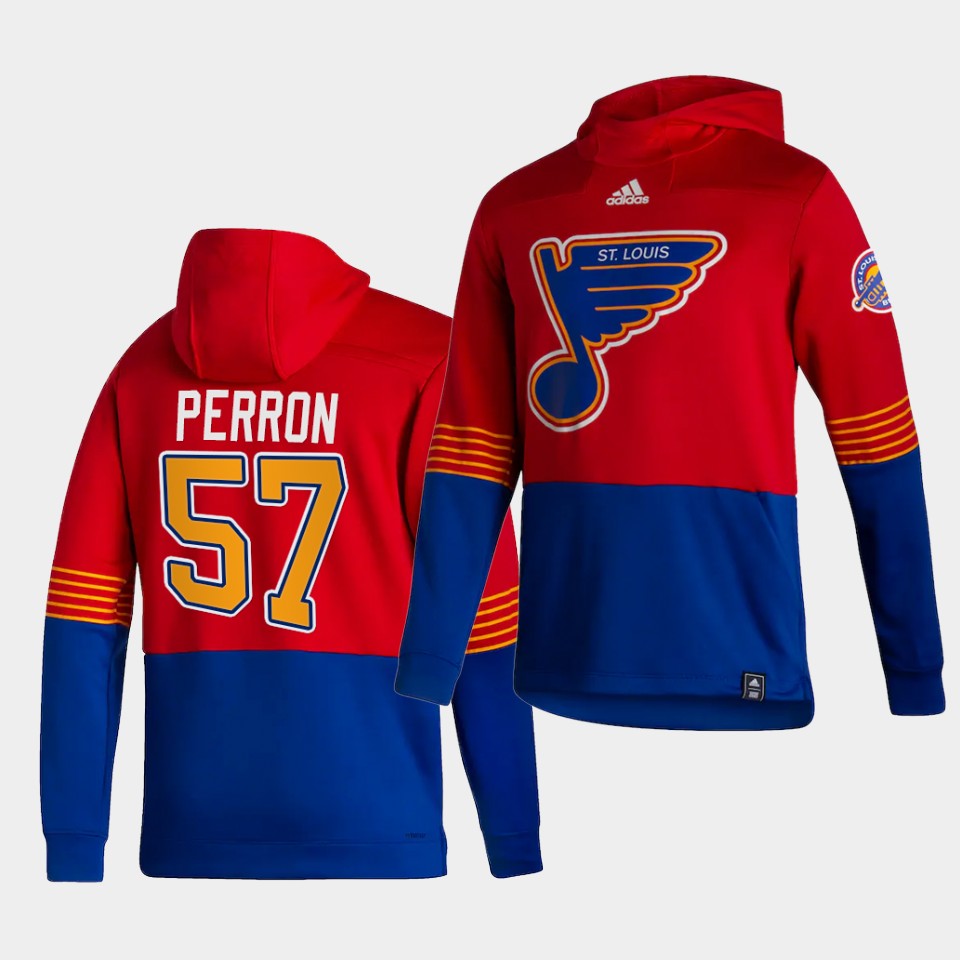 Men St.Louis Blues #57 Perron Red NHL 2021 Adidas Pullover Hoodie Jersey
